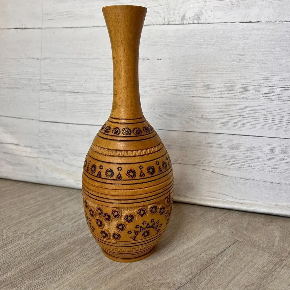 Wood Vase Whimsical Stamp Pattern Primitive Farmhouse Rustic Decor